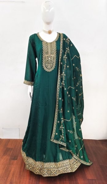 Festive Wear Dark Green Silk Anarkali Gown with Embroidered Dupatta Anarakali Gown Wholesale