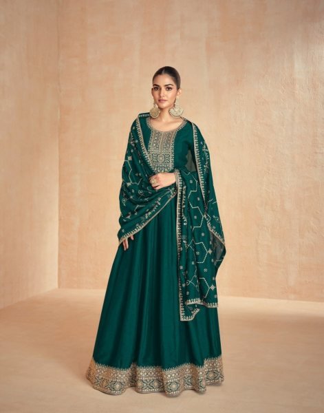 Festive Wear Dark Green Silk Anarkali Gown with Embroidered Dupatta Anarakali Gown Wholesale