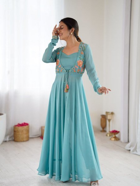 Festive Wear Embroidered Gown Palazzo Set with Full Sleeves 