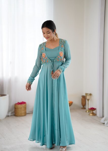 Festive Wear Embroidered Gown Palazzo Set with Full Sleeves Ready To Wear Collection