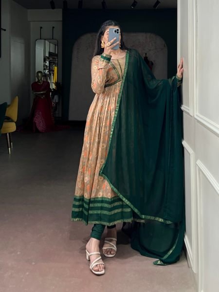 Festive Wear Green Tasar Silk Dress with Foil Work and Georgette Dupatta at Wholesale Rate 