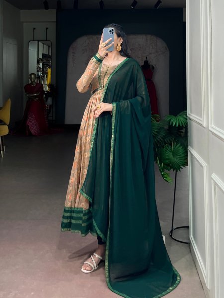 Festive Wear Green Tasar Silk Dress with Foil Work and Georgette Dupatta at Wholesale Rate Anarkali Kurtis 