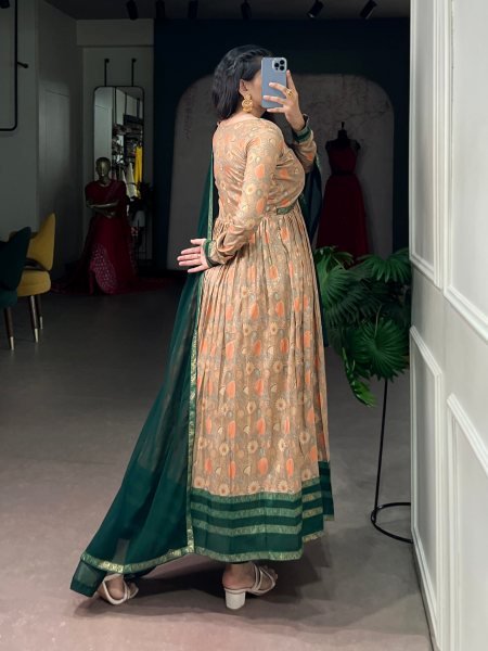 Festive Wear Green Tasar Silk Dress with Foil Work and Georgette Dupatta at Wholesale Rate Anarkali Kurtis 