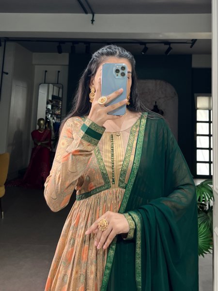 Festive Wear Green Tasar Silk Dress with Foil Work and Georgette Dupatta at Wholesale Rate Anarkali Kurtis 