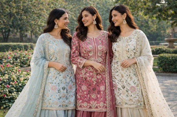 Festive Wear Heavy Embroidered Sharara Suit Set for Weddings Ready To Wear Collection