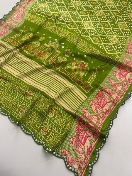 Festive Wear Parrot Green Moss Chiffon Bandhani Saree At Manufacturer Rate 