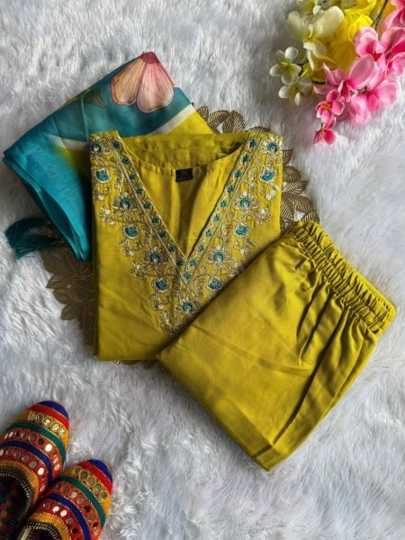 Festive Wear Rayon Slub Embroidered Kurti Pant Set with Chanderi Digital Print Dupatta For Wholesalers  Embroidery Kurtis 