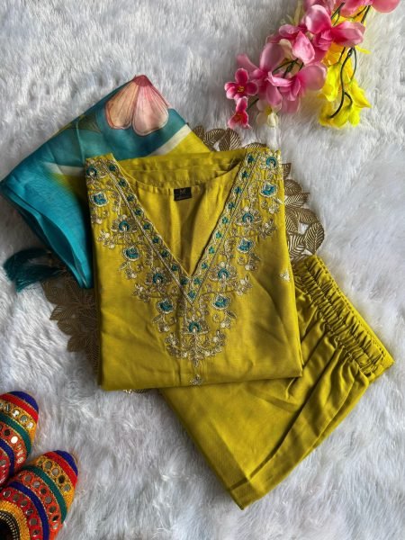 Festive Wear Rayon Slub Embroidered Kurti Pant Set with Chanderi Digital Print Dupatta For Wholesalers  Embroidery Kurtis 