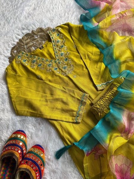 Festive Wear Rayon Slub Embroidered Kurti Pant Set with Chanderi Digital Print Dupatta For Wholesalers  Embroidery Kurtis 