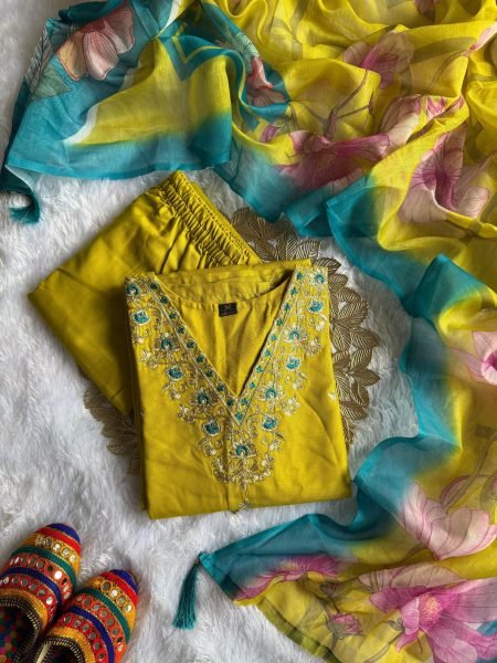 Festive Wear Rayon Slub Embroidered Kurti Pant Set with Chanderi Digital Print Dupatta For Wholesalers  Embroidery Kurtis 