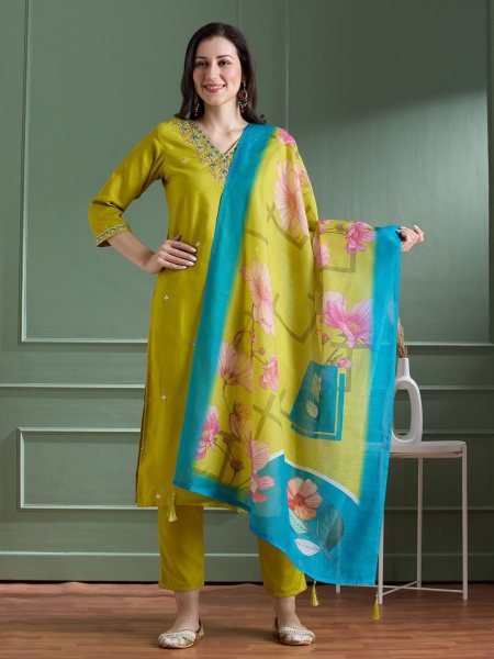 Festive Wear Rayon Slub Embroidered Kurti Pant Set with Chanderi Digital Print Dupatta For Wholesalers  Embroidery Kurtis 