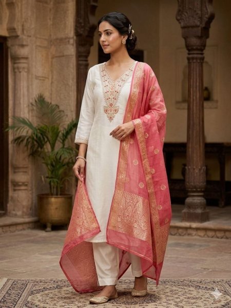 Festive Wear Roman Silk Embroidered Kurti Pant With Cotton Silk Zari Dupatta for Women 
