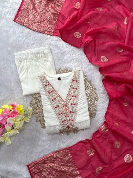 Festive Wear Roman Silk Embroidered Kurti Pant With Cotton Silk Zari Dupatta for Women Embroidery Kurtis 