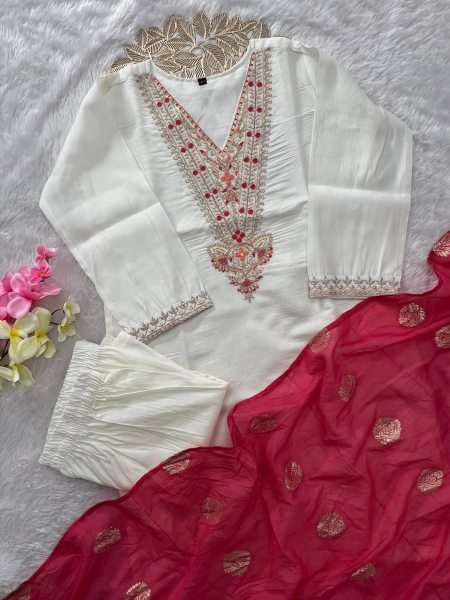 Festive Wear Roman Silk Embroidered Kurti Pant With Cotton Silk Zari Dupatta for Women Embroidery Kurtis 