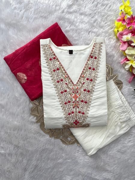 Festive Wear Roman Silk Embroidered Kurti Pant With Cotton Silk Zari Dupatta for Women Embroidery Kurtis 