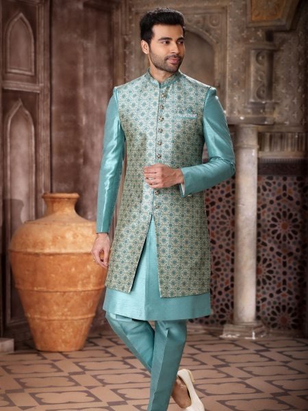 Festive Wear Sky Blue Indo Western Set with Designer Jacket Look Mens Wear