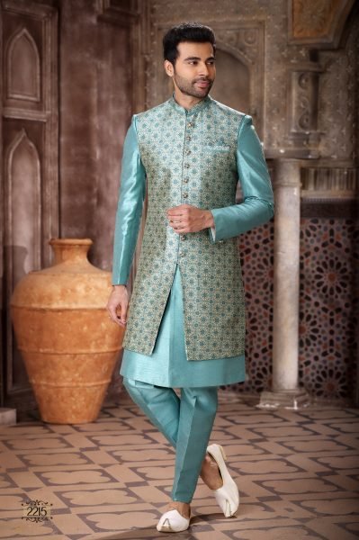 Festive Wear Sky Blue Indo Western Set with Designer Jacket Look Kurta Pajama Wholesale