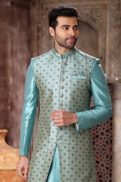 Festive Wear Sky Blue Indo Western Set with Designer Jacket Look Kurta Pajama Wholesale