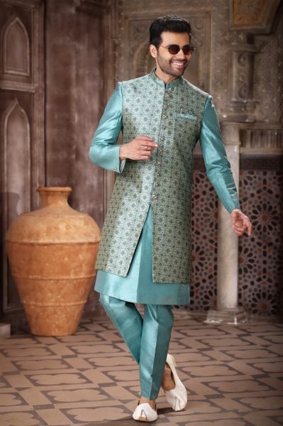 Festive Wear Sky Blue Indo Western Set with Designer Jacket Look Kurta Pajama Wholesale