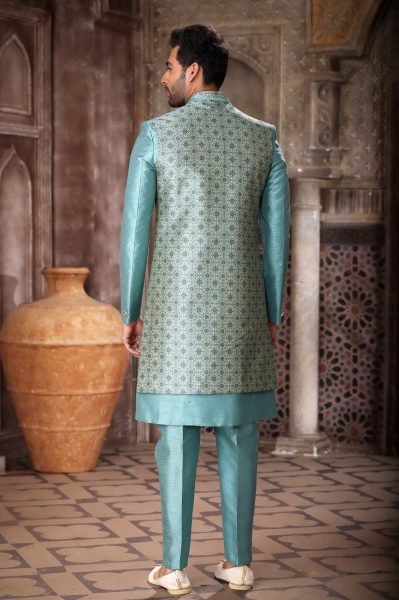 Festive Wear Sky Blue Indo Western Set with Designer Jacket Look Kurta Pajama Wholesale