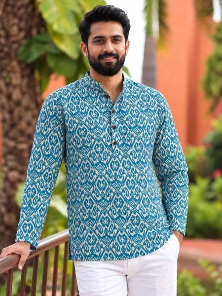 Festive Wear Sky Blue Men’s Cotton Printed Kurta with Full Sleeves For Festival 