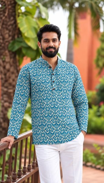 Festive Wear Sky Blue Men’s Cotton Printed Kurta with Full Sleeves For Festival Mens Short Kurta