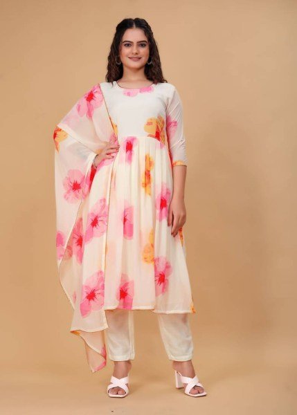 Festive Wear  White Georgette Kurti with Pant   Dupatta Set For women in wholesale price Georgette Kurti 