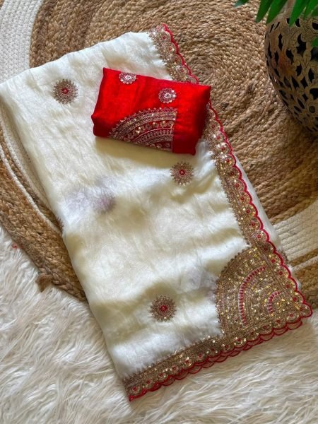 Festive Wear White Space Silk Saree with Corner Butta Embroidery at Wholesale Rate Sarees 