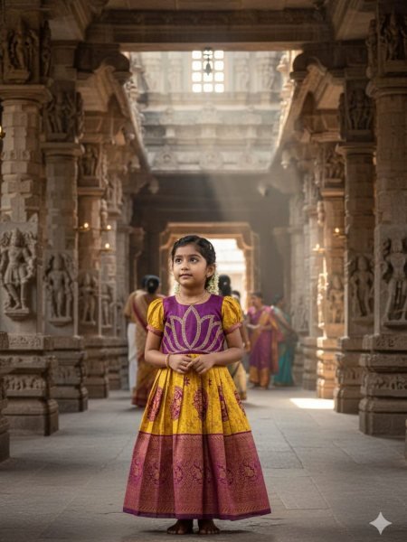 Festive Wear Yellow Girls Silk Pattu Pavadai with Contrast Lotus Motif Blouse Kurtis