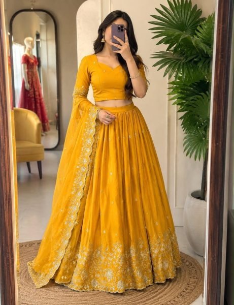 Festive Wear Yellow Silk Lehenga Choli with Embroidered Blouse and Dupatta at Wholesale Rate Designer Lehenga Choli