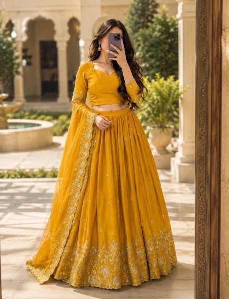 Festive Wear Yellow Silk Lehenga Choli with Embroidered Blouse and Dupatta at Wholesale Rate Designer Lehenga Choli