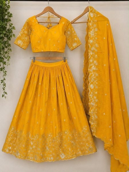Festive Wear Yellow Silk Lehenga Choli with Embroidered Blouse and Dupatta at Wholesale Rate Designer Lehenga Choli