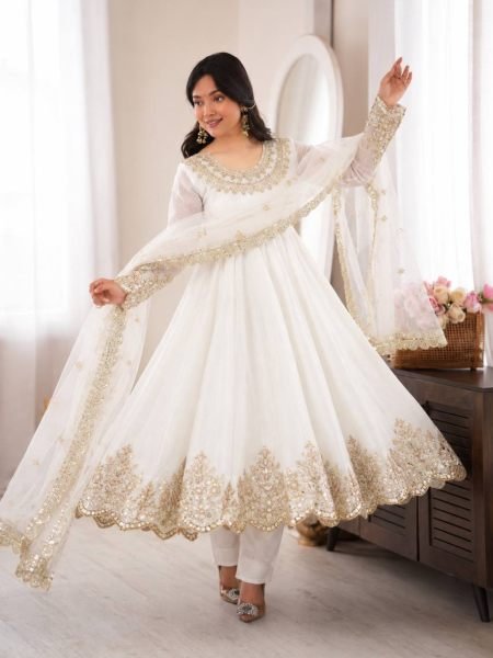 Festive White Doremon Crush Top Pant Dupatta Set with Embroidery Work at Wholesale Rate Ready To Wear Suit