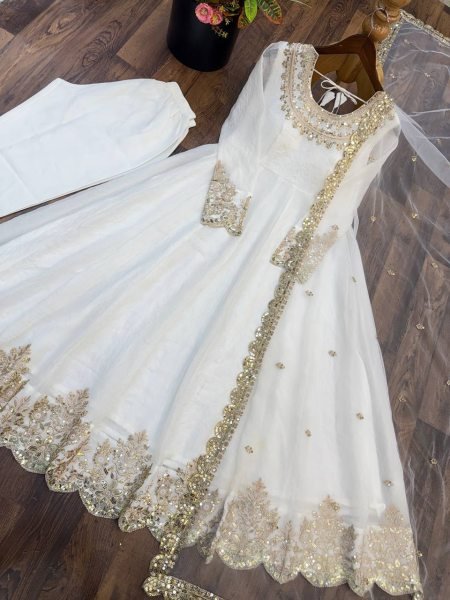 Festive White Doremon Crush Top Pant Dupatta Set with Embroidery Work at Wholesale Rate Ready To Wear Collection