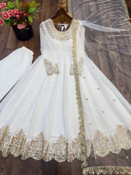 Festive White Doremon Crush Top Pant Dupatta Set with Embroidery Work at Wholesale Rate Ready To Wear Collection