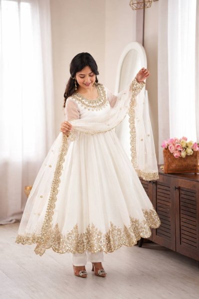 Festive White Doremon Crush Top Pant Dupatta Set with Embroidery Work at Wholesale Rate Ready To Wear Collection