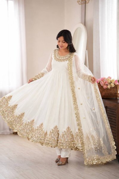 Festive White Doremon Crush Top Pant Dupatta Set with Embroidery Work at Wholesale Rate Ready To Wear Collection