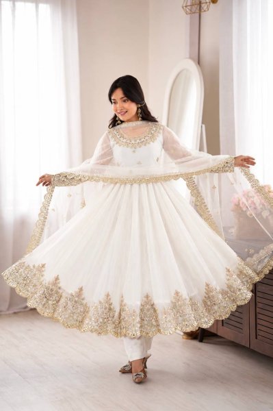 Festive White Doremon Crush Top Pant Dupatta Set with Embroidery Work at Wholesale Rate Ready To Wear Collection