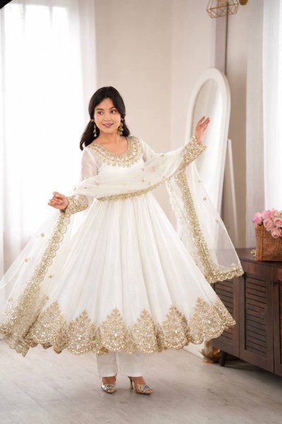 Festive White Doremon Crush Top Pant Dupatta Set with Embroidery Work at Wholesale Rate Ready To Wear Collection