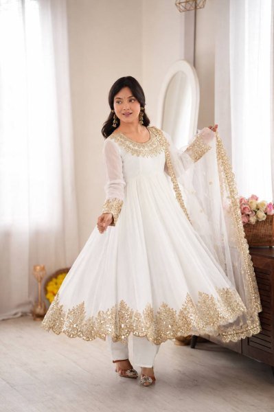 Festive White Doremon Crush Top Pant Dupatta Set with Embroidery Work at Wholesale Rate Ready To Wear Collection