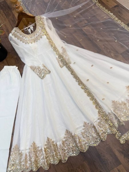 Festive White Doremon Crush Top Pant Dupatta Set with Embroidery Work at Wholesale Rate Ready To Wear Collection