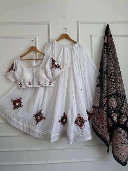Festive White Heavy Khadi Cotton Ajrak Chaniya Choli with Real Mirror Work  Lehenga