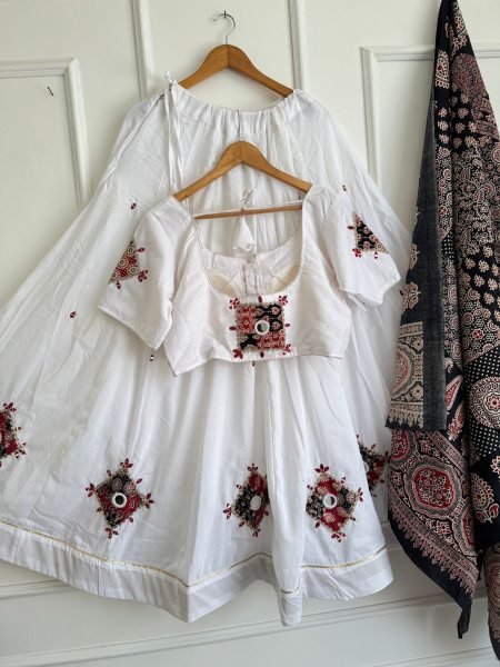 Festive White Heavy Khadi Cotton Ajrak Chaniya Choli with Real Mirror Work Navratri Lehnega Choli