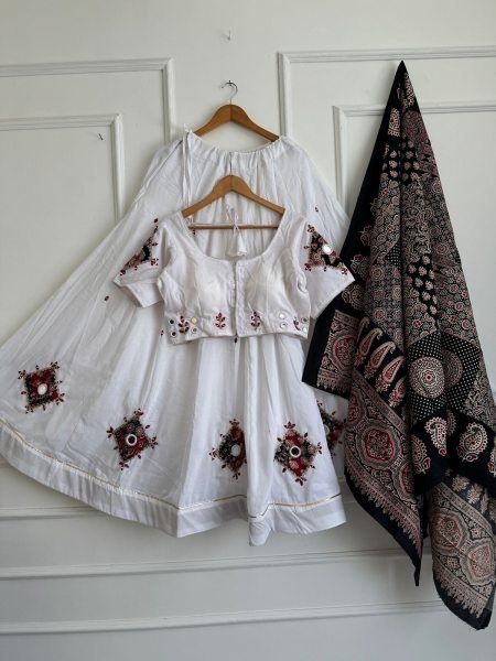 Festive White Heavy Khadi Cotton Ajrak Chaniya Choli with Real Mirror Work Navratri Lehnega Choli