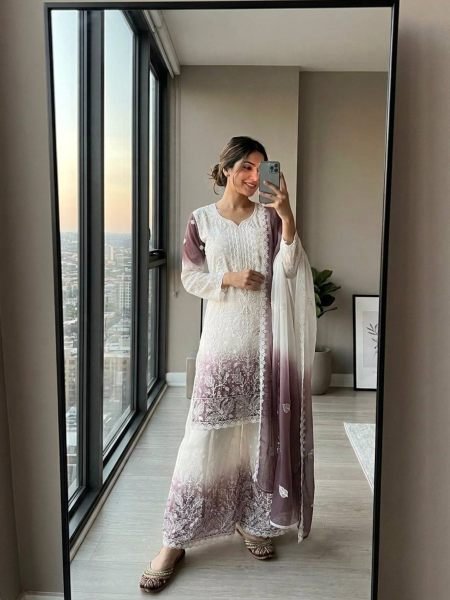 Festive White Purple Readymade Georgette Top Palazzo Set with Jarkan Diamond Embroidery Ready To Wear Suit