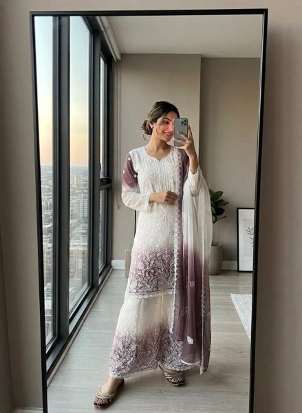 Festive White Purple Readymade Georgette Top Palazzo Set with Jarkan Diamond Embroidery Ready To Wear Collection