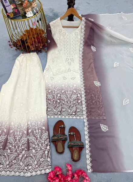 Festive White Purple Readymade Georgette Top Palazzo Set with Jarkan Diamond Embroidery Ready To Wear Collection