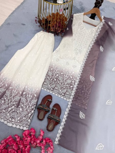 Festive White Purple Readymade Georgette Top Palazzo Set with Jarkan Diamond Embroidery Ready To Wear Collection