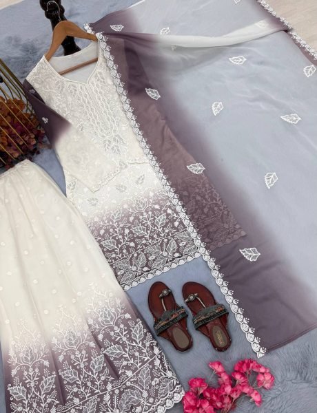 Festive White Purple Readymade Georgette Top Palazzo Set with Jarkan Diamond Embroidery Ready To Wear Collection