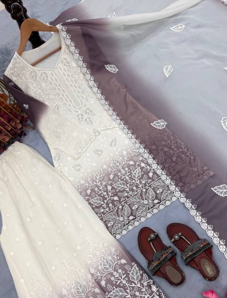 Festive White Purple Readymade Georgette Top Palazzo Set with Jarkan Diamond Embroidery Ready To Wear Collection